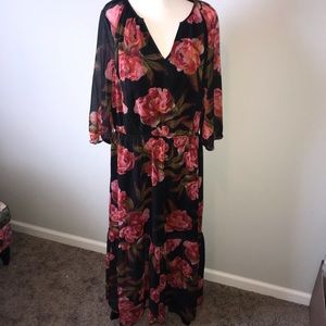 XL sheer floral red black long dress